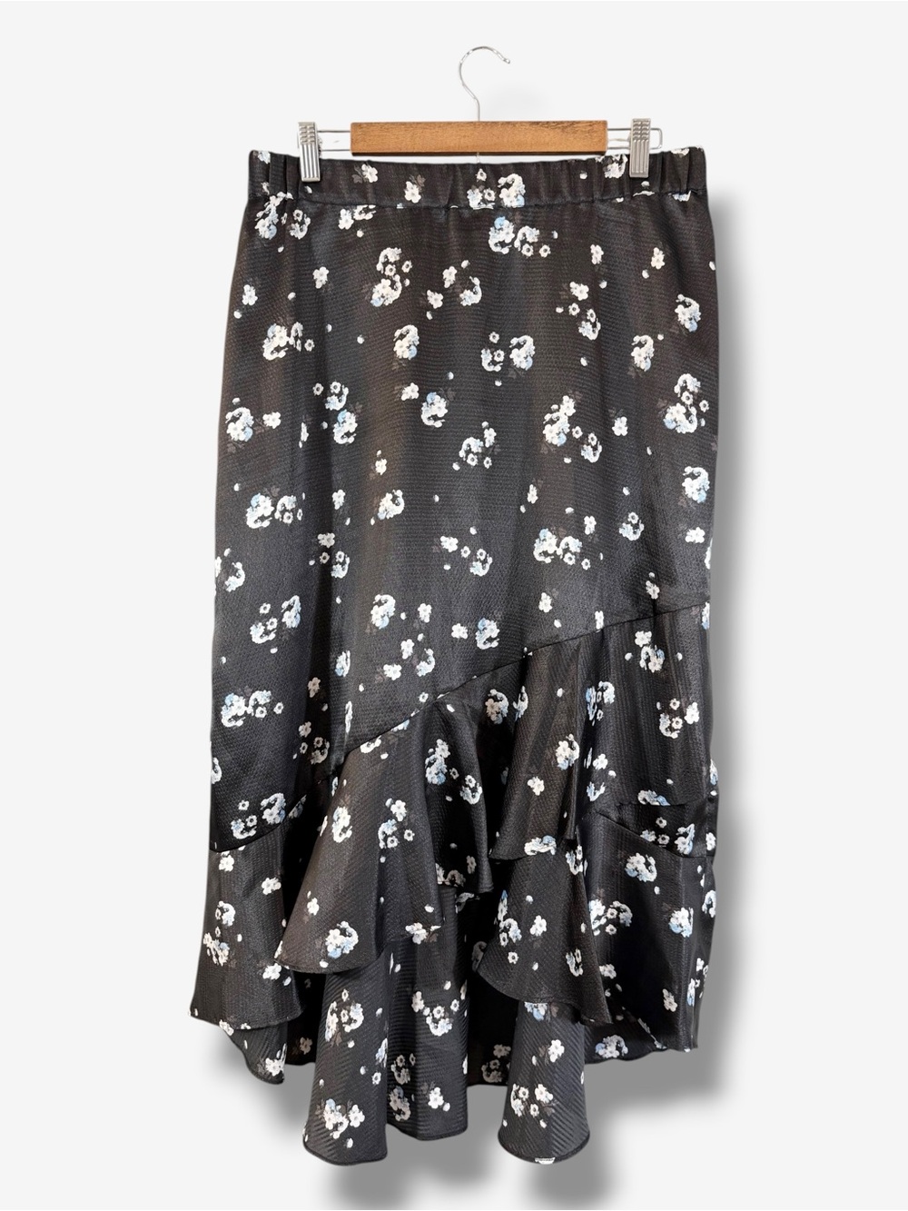 Alfani Black Satin Midi Skirt Size 12 Floral Print Hi Low Casual Modest Tiered